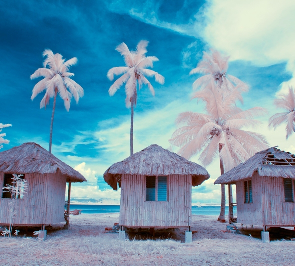 Abandoned resort huts in malapascua, infrared photo.